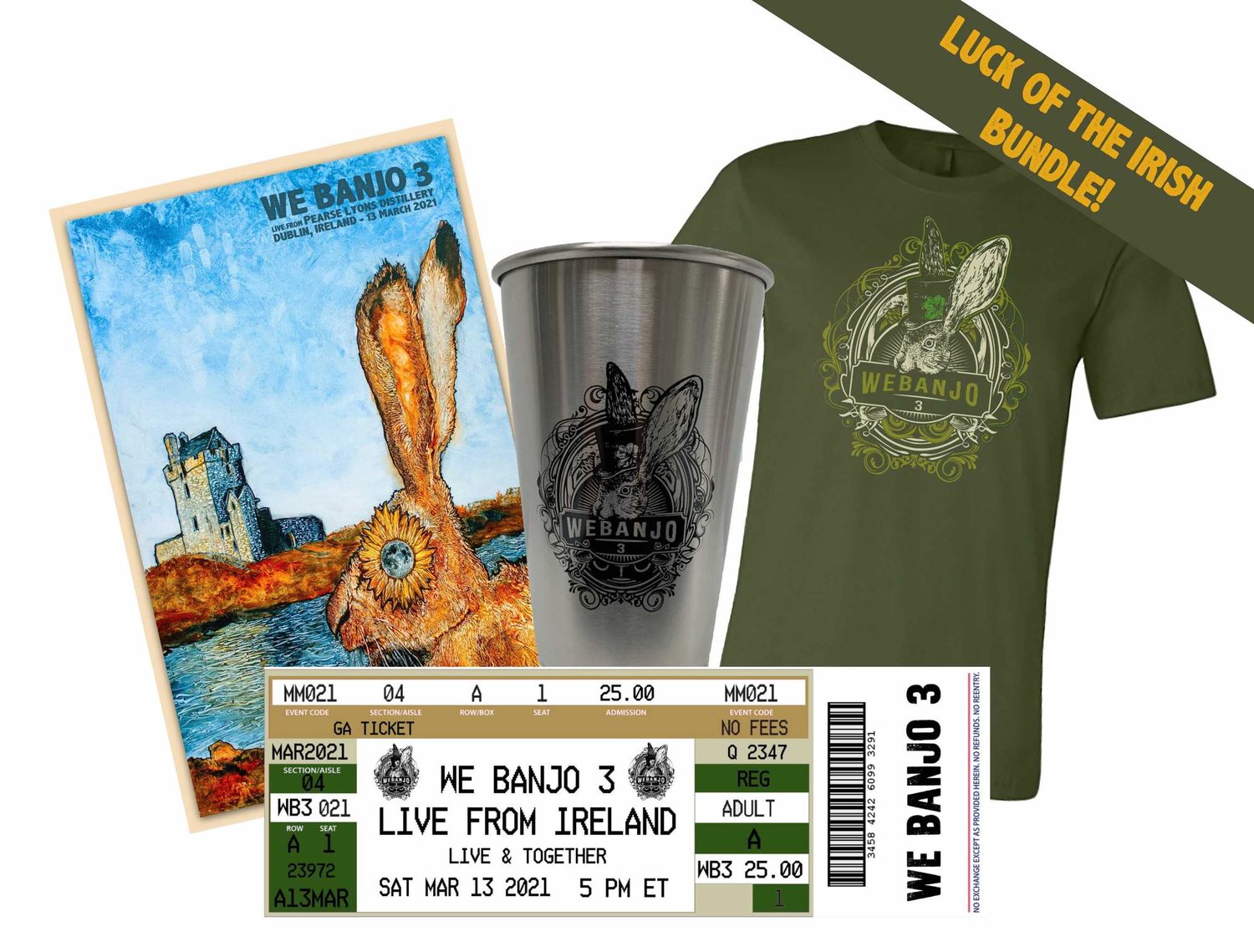 The “Luck of the Irish” bundle on sale now from $49. It includes tickets to the event, a WB3 T-shirt, a steel pint and commemorative poster.